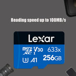 Cartão de Memória Flash TF Lexar 633x 256GB de Alta Velocidade para Câmara de Telemóvel, Expansão Switch, Gravador de Condução Dedicado, 256GB