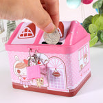 Cofre de moedas infantil em forma de casa de desenho animado, rosa, azul