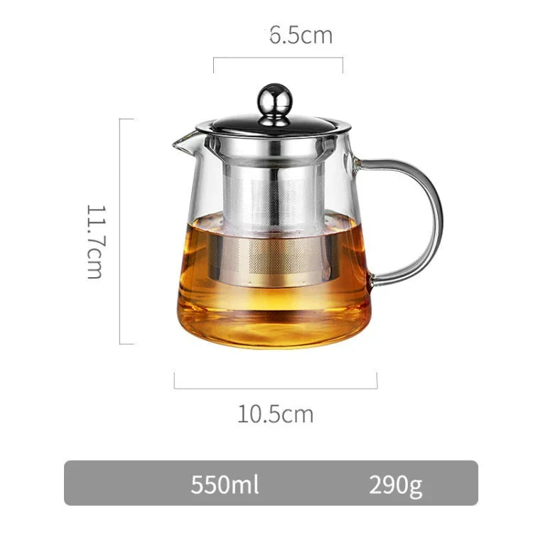 Conjunto de Chá em Vidro Resistente ao Calor com Grande Capacidade e Filtro em Aço Inoxidável para Chá Kung Fu, 450ML, 550ML, 750ML, 950ML