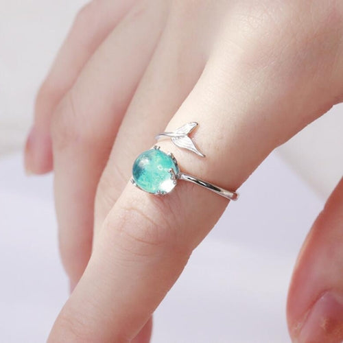 Anéis Abertos para Mulher com Forma de Sereia e Cristal Azul da Moda