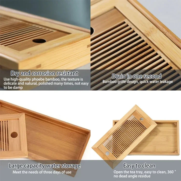 Tabuleiros de Chá de Bambu para Chá Kung Fu com Suporte de Drenagem, Tabuleiros de Chá de Bambu
