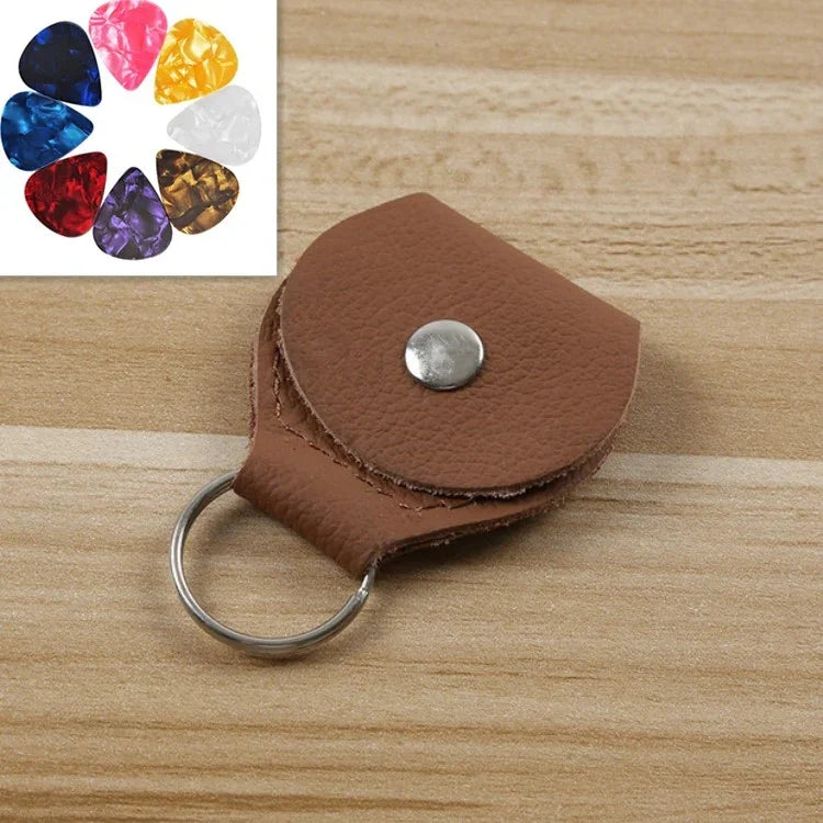 10 Unidades de Bolsa de Armazenamento para Palhetas de Guitarra em Couro Genuíno com Chaveiro, Preto, Castanho