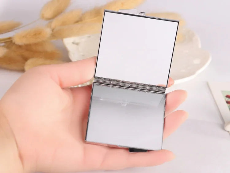Espelho Cosmético Mini Dobrável com Diamantes Feito à Mão, Espelho Portátil Dupla Face com Laço de Pedra