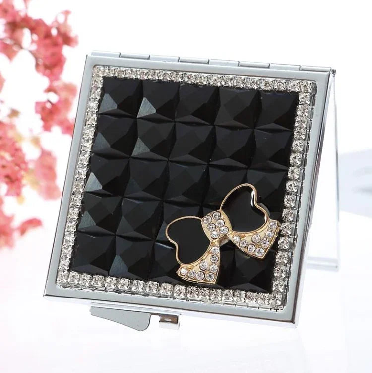 Espelho Cosmético Mini Dobrável com Diamantes Feito à Mão, Espelho Portátil Dupla Face com Laço de Pedra