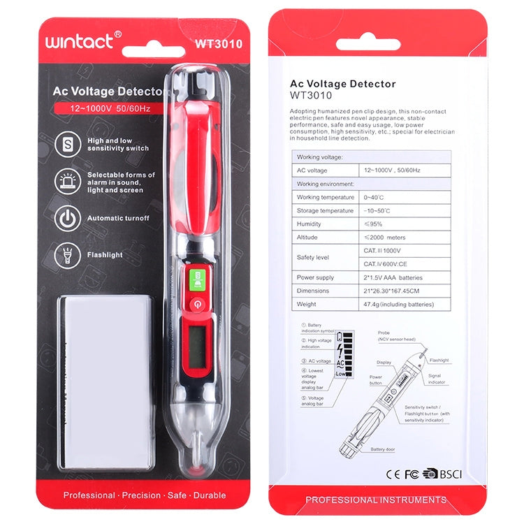 Testador de Voltagem AC LED WINTACT WT3010 Caneta Detector Sem Contacto 12-1000V, WINTACT WT3010
