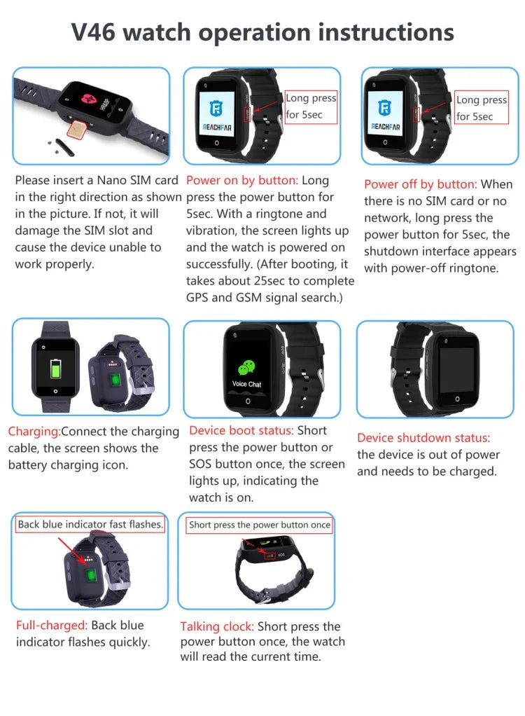 Pulseira Relógio Inteligente GPS REACHFAR RF-V46-A, Suporte SOS / Câmara / Gestão de Saúde / 4G LTE / Pressão Arterial / Frequência Cardíaca, Para Ásia / Europa / África / Austrália, RF-V46-A