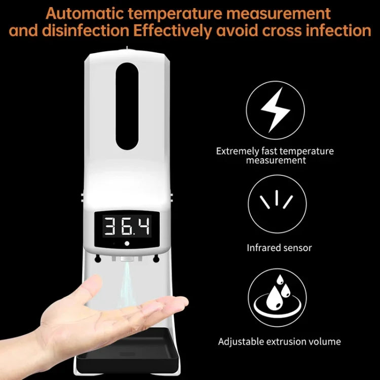 Termómetro K9 Pro Sem Contacto com Sensor de Distância Sensível à Luz Corporal + Dispensador Automático de Sabão Líquido Sem Contacto de 1000ml com Suporte de Base, K9 Pro