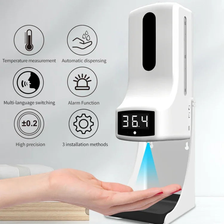 Termómetro K9 Pro Sem Contacto com Sensor de Distância Sensível à Luz Corporal + Dispensador Automático de Sabão Líquido Sem Contacto de 1000ml com Suporte de Base, K9 Pro
