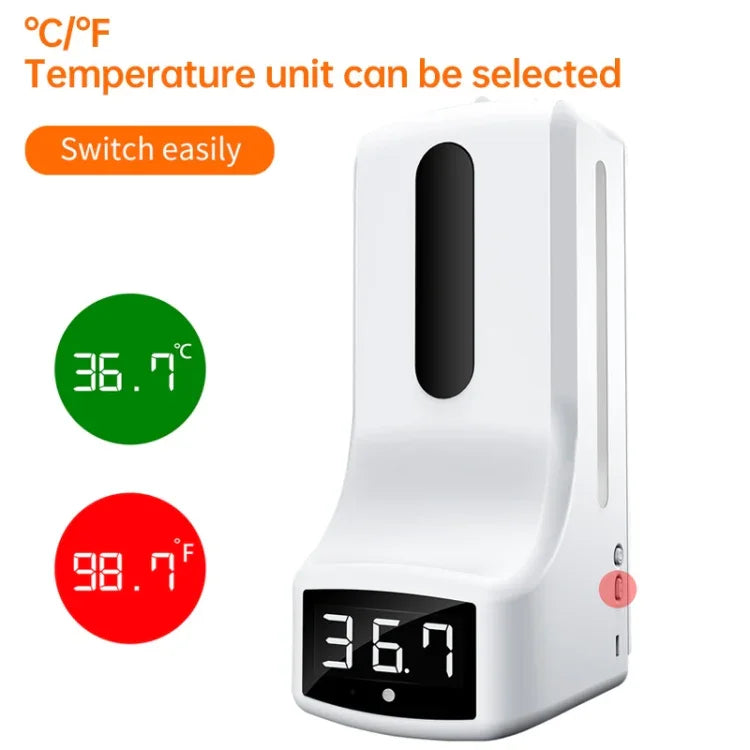 Termómetro K9 Pro Sem Contacto com Sensor de Distância Sensível à Luz Corporal + Dispensador Automático de Sabão Líquido Sem Contacto de 1000ml com Suporte de Base, K9 Pro