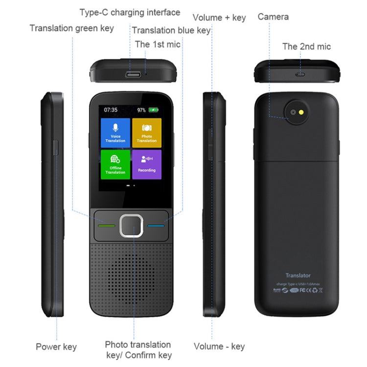 Tradutor de Voz Inteligente Portátil WIFI T10 para Negócios e Viagens, Tradutor AI em Tempo Real, T10 Preto