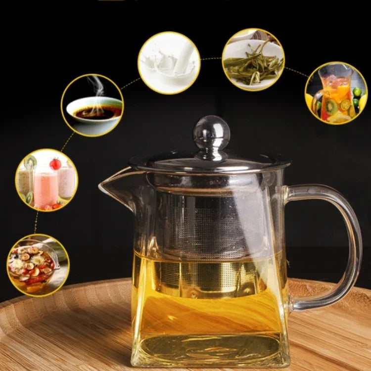 Bule de Chá em Vidro Transparente Resistente ao Calor com Filtro em Aço Inoxidável, Capacidade: 750ml