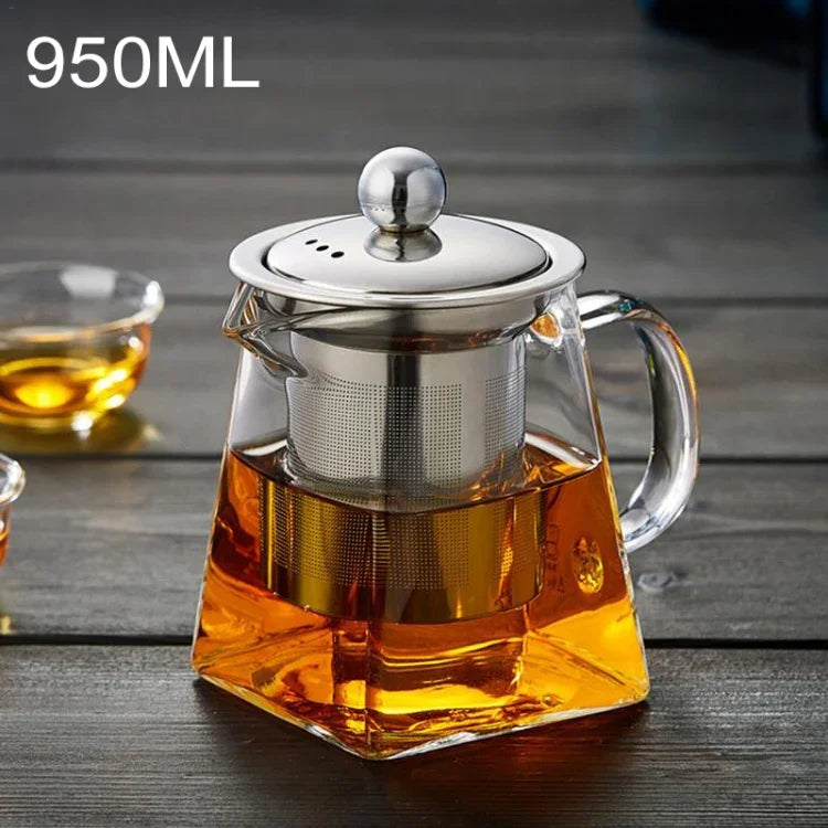 Bule de chá com filtro em vidro transparente resistente ao calor e aço inoxidável, Capacidade: 950ml, Capacidade: 950ml