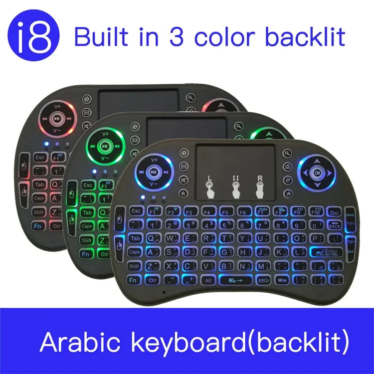 Idioma suportado: Árabe Teclado retroiluminado i8 Air Mouse sem fios com touchpad para Android TV Box & Smart TV & PC Tablet & Xbox360 & PS3 & HTPC/IPTV, Árabe