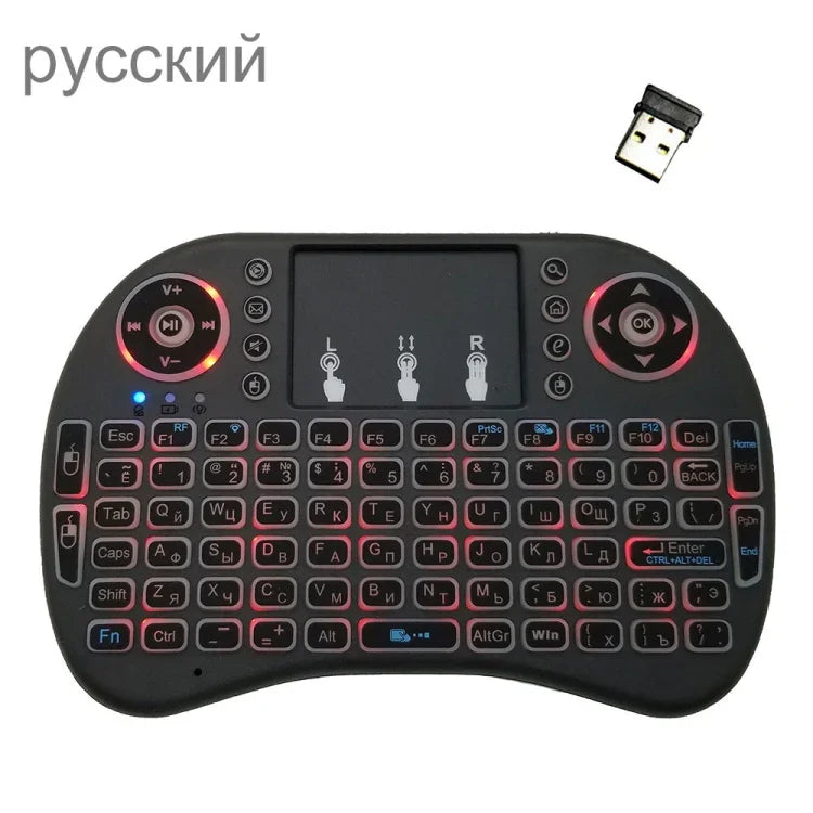 Idioma suportado: Russo Teclado retroiluminado i8 Air Mouse sem fios com touchpad para Android TV Box & Smart TV & PC Tablet & Xbox360 & PS3 & HTPC/IPTV, Russo