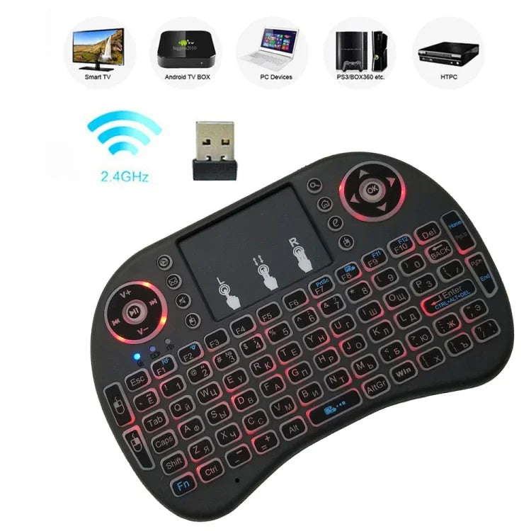 Idioma suportado: Russo Teclado retroiluminado i8 Air Mouse sem fios com touchpad para Android TV Box & Smart TV & PC Tablet & Xbox360 & PS3 & HTPC/IPTV, Russo