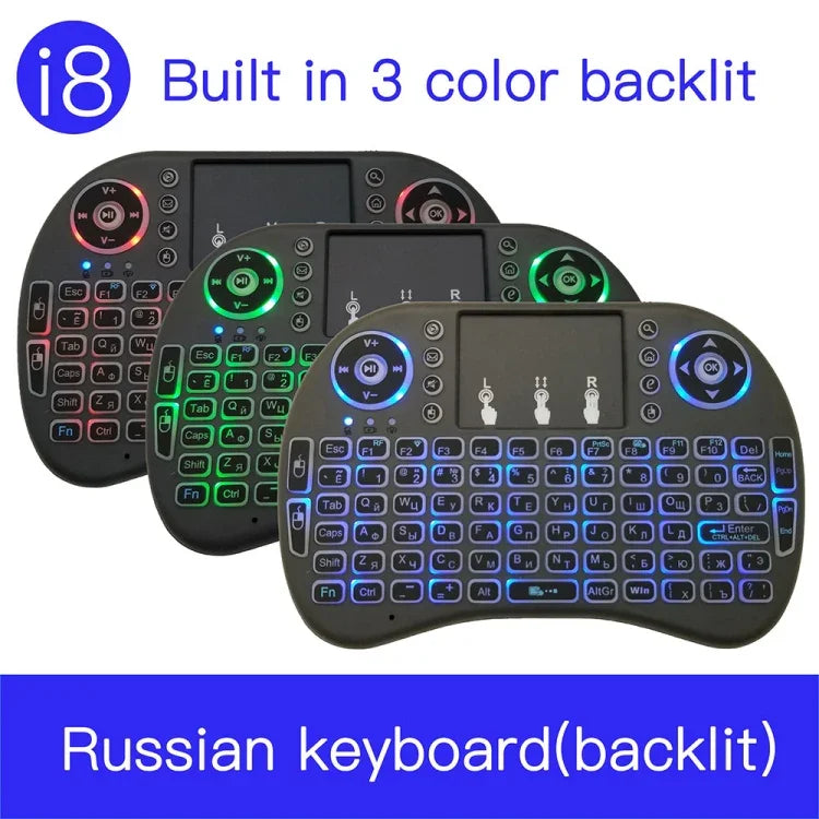Idioma suportado: Russo Teclado retroiluminado i8 Air Mouse sem fios com touchpad para Android TV Box & Smart TV & PC Tablet & Xbox360 & PS3 & HTPC/IPTV, Russo