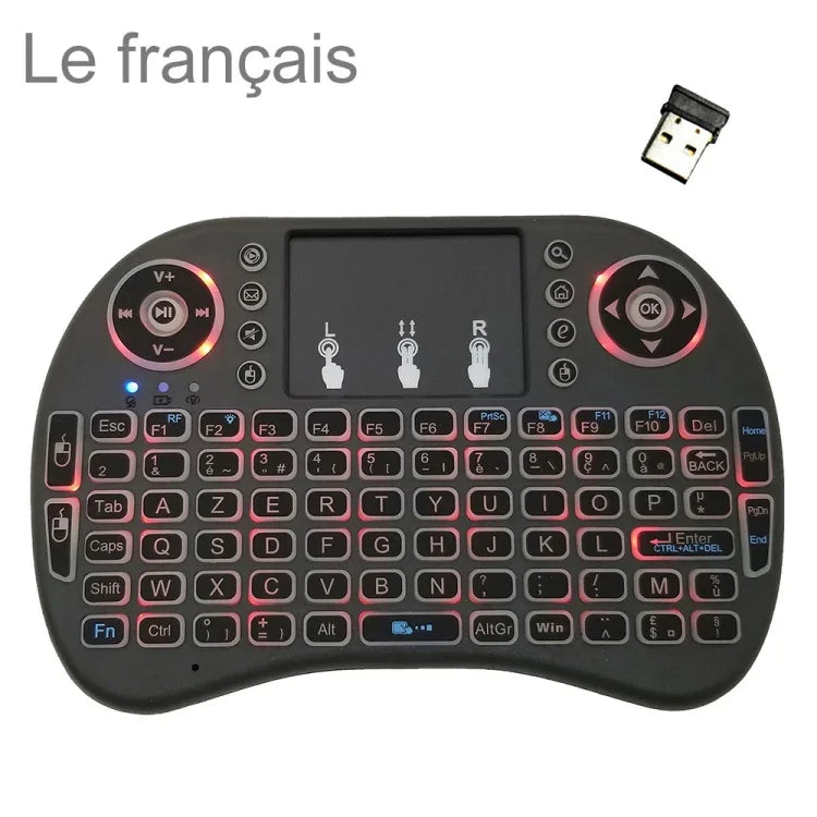 Idioma suportado: Francês Teclado retroiluminado i8 Air Mouse sem fios com touchpad para Android TV Box & Smart TV & PC Tablet & Xbox360 & PS3 & HTPC/IPTV, Francês