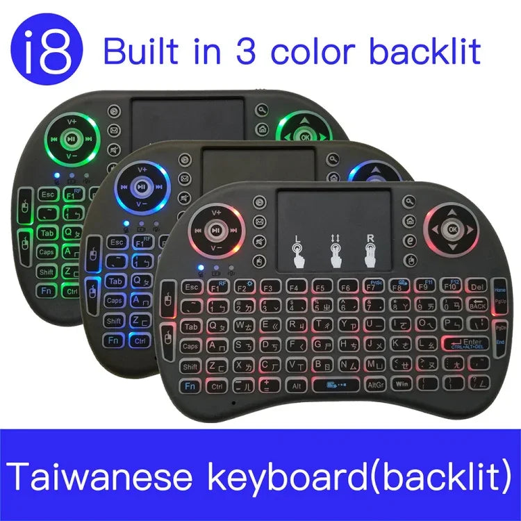 Idioma suportado: Taiwanês Teclado retroiluminado i8 Air Mouse sem fios com touchpad para Android TV Box & Smart TV & PC Tablet & Xbox360 & PS3 & HTPC/IPTV, Taiwanês