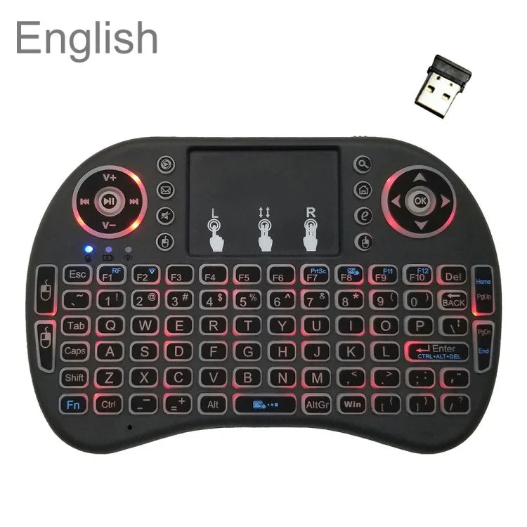 Idioma Suportado: Inglês Teclado Sem Fios i8 Air Mouse com Retroiluminação e Touchpad para Android TV Box & Smart TV & PC Tablet & Xbox360 & PS3 & HTPC/IPTV, Inglês