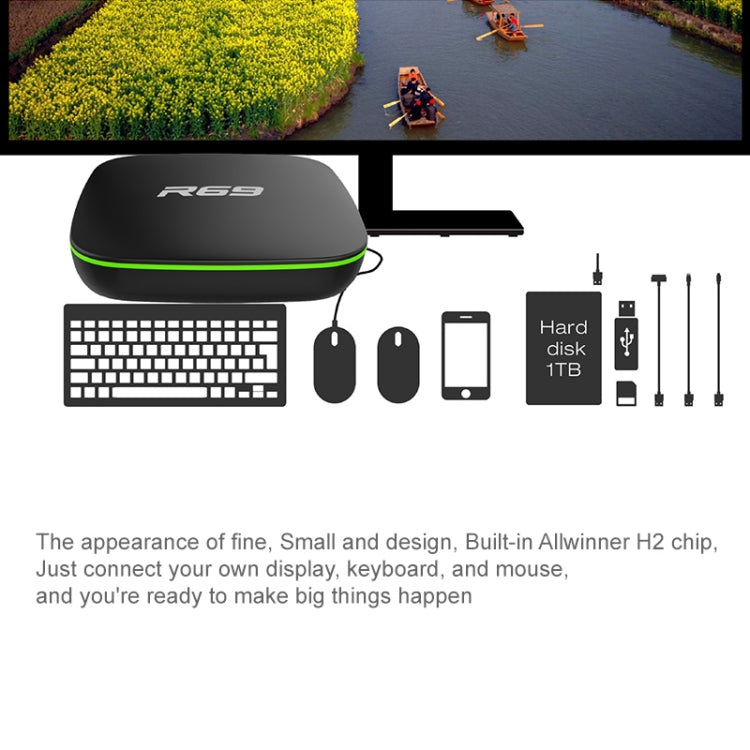 R69 1080P HD Smart TV BOX Android 4.4 Media Player com Comando à Distância, Quad Core Allwinner H3, RAM: 1GB, ROM: 8GB, WiFi 2.4G, LAN, Ficha UE, 1GB+8GB