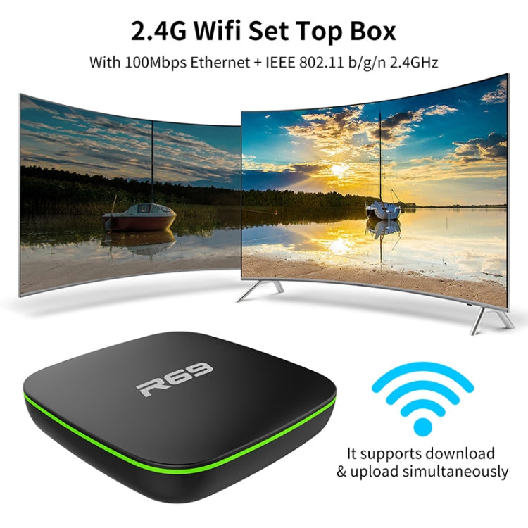 R69 1080P HD Smart TV BOX Android 4.4 Media Player com Comando à Distância, Quad Core Allwinner H3, RAM: 1GB, ROM: 8GB, WiFi 2.4G, LAN, Ficha UE, 1GB+8GB