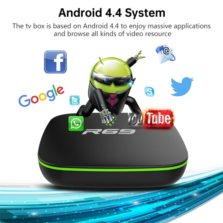 R69 1080P HD Smart TV BOX Android 4.4 Media Player com Comando à Distância, Quad Core Allwinner H3, RAM: 1GB, ROM: 8GB, WiFi 2.4G, LAN, Ficha UE, 1GB+8GB
