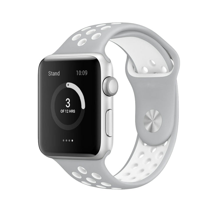 Para Apple Watch Série 10 42mm / 9&8&7 41mm / SE 3&SE 2&6&SE&5&4 40mm / 3&2&1 38mm Pulseira de Silicone Desportiva Clássica e Elegante (Cinza Branco), WA1230A, WA1230B, WA1230BG, WA1230BH, WA1230BL, WA1230BM, WA1230BR, WA1230BY, WA1230C, WA1230D, WA1230DW