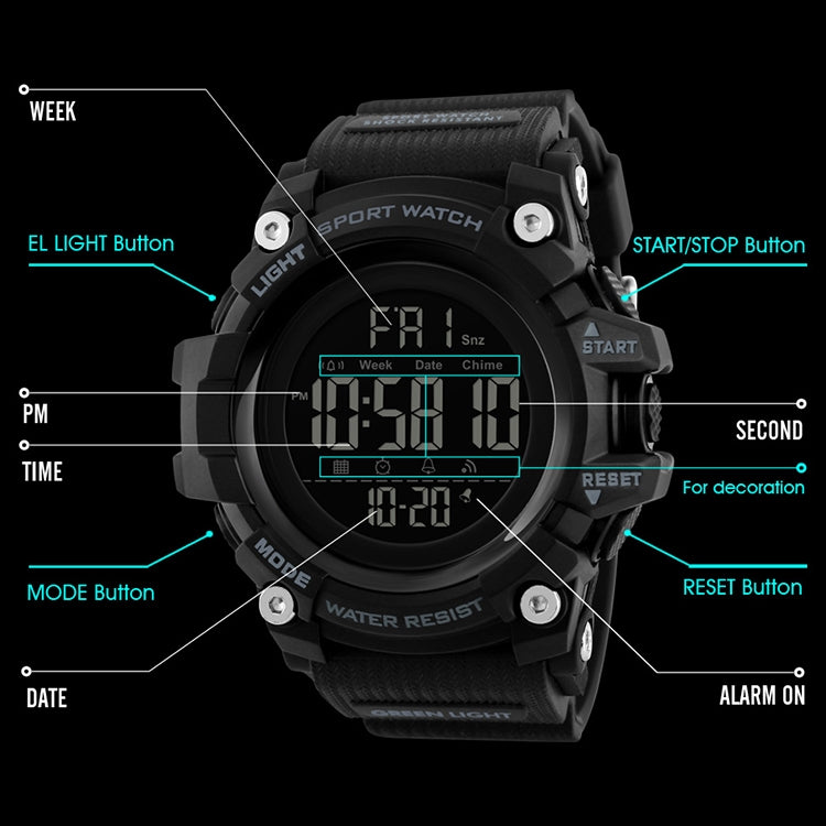 SKMEI 1384 Relógio Digital Masculino Multifuncional para Moda ao Ar Livre, Noctilucente, à Prova de Água, LED