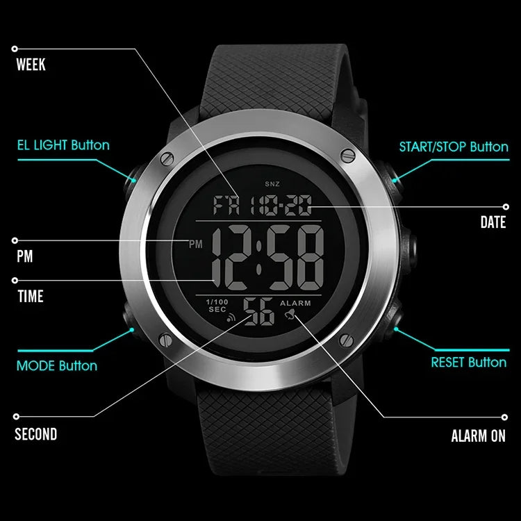SKMEI 1426 Relógio Digital Multifuncional para Moda ao Ar Livre, Noctilucente, à Prova de Água, Anel de Borracha Máquina Branca, 1426 Anel de Borracha Máquina Branca