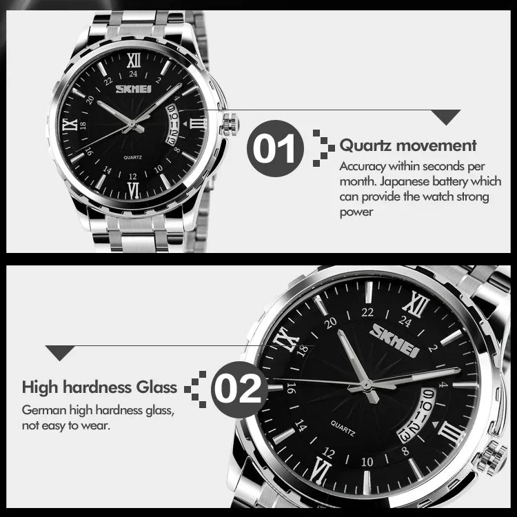 SKMEI 9069 Relógio de Pulso Quartz Multifuncional para Moda e Negócios ao Ar Livre, à Prova de Água, Caixa Dourada Intervalar
