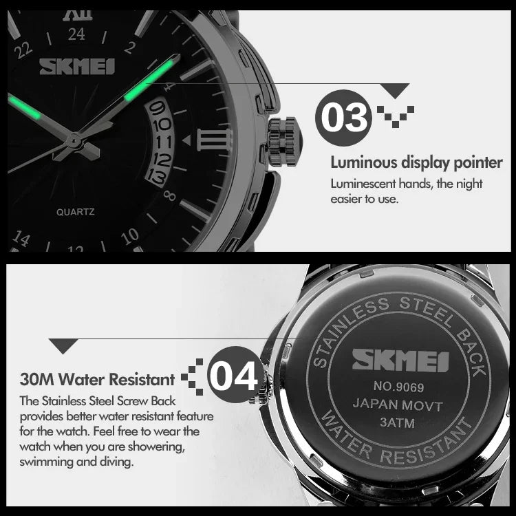 SKMEI 9069 Relógio de Pulso Quartz Multifuncional para Moda e Negócios ao Ar Livre, à Prova de Água, Caixa Dourada Intervalar