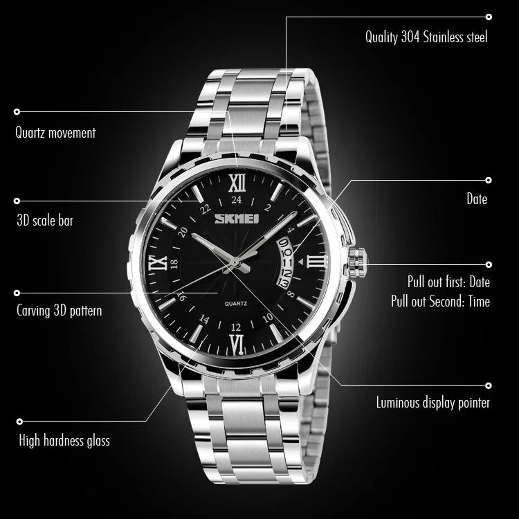 SKMEI 9069 Relógio de Pulso Quartz Multifuncional para Moda e Negócios ao Ar Livre, à Prova de Água, Caixa Dourada Intervalar