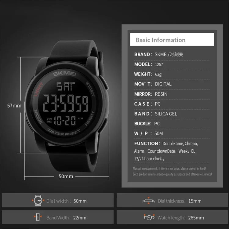 SKMEI 1257 Relógio Digital Desportivo Masculino de Moda para Exterior, à Prova de Água 50m
