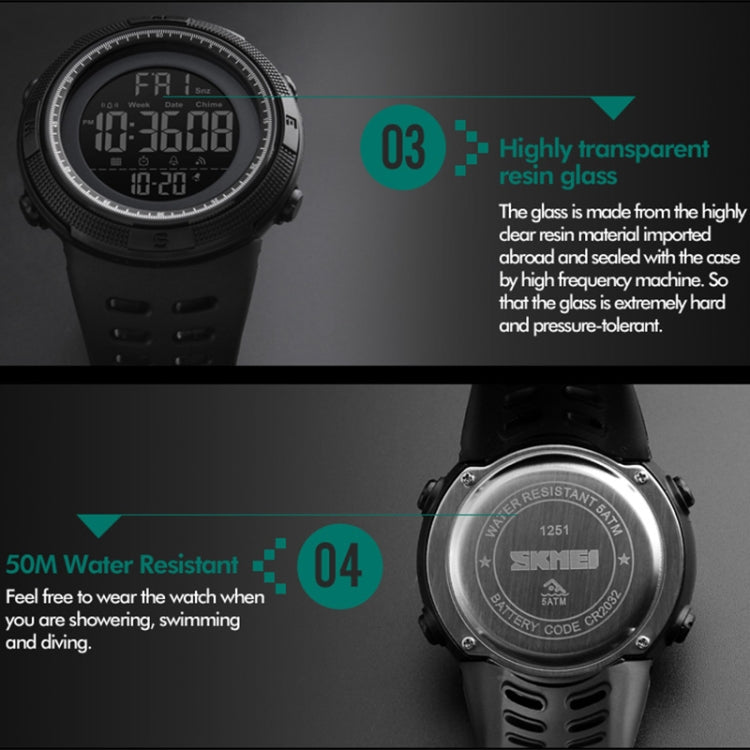 SKMEI 1251 Relógio Digital Desportivo Masculino de Moda para Exterior, à Prova de Água 50m com Bracelete em PU