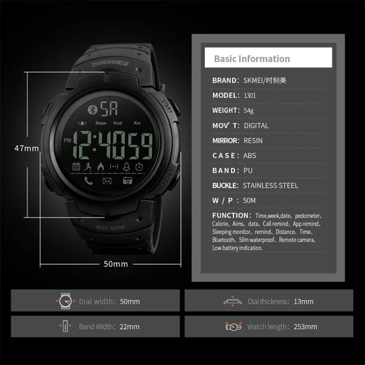SKMEI 1301 Multifunction 50m Waterproof Sports Bluetooth Smart Watch, Compatible with Android & iOS System