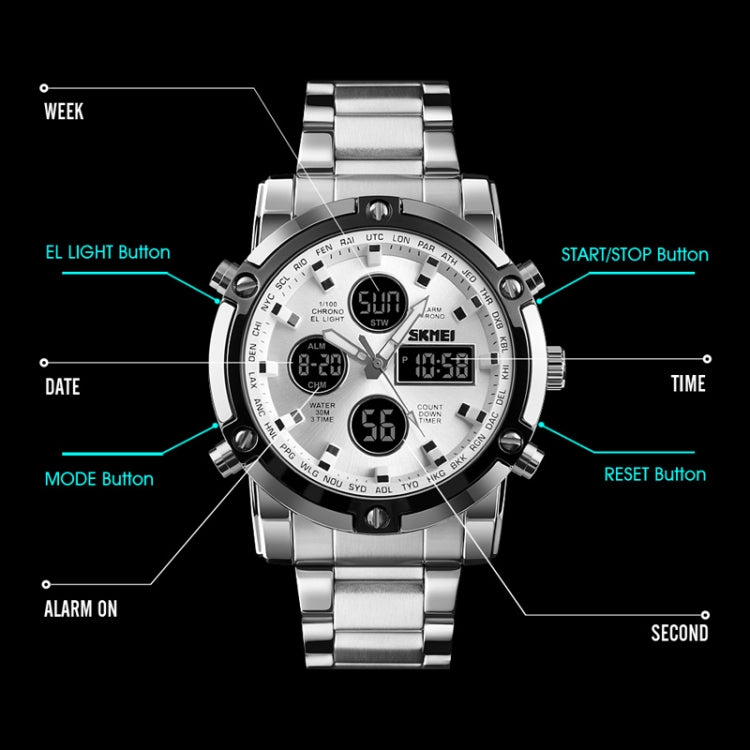 SKMEI 1389 Relógio Digital Multifuncional Masculino para Negócios, Relógio de Pulso com Mostrador Grande, à Prova de Água 30m, com Bracelete em Aço Inoxidável, 1389 Prateado, 1389 Preto, 1389 Azul