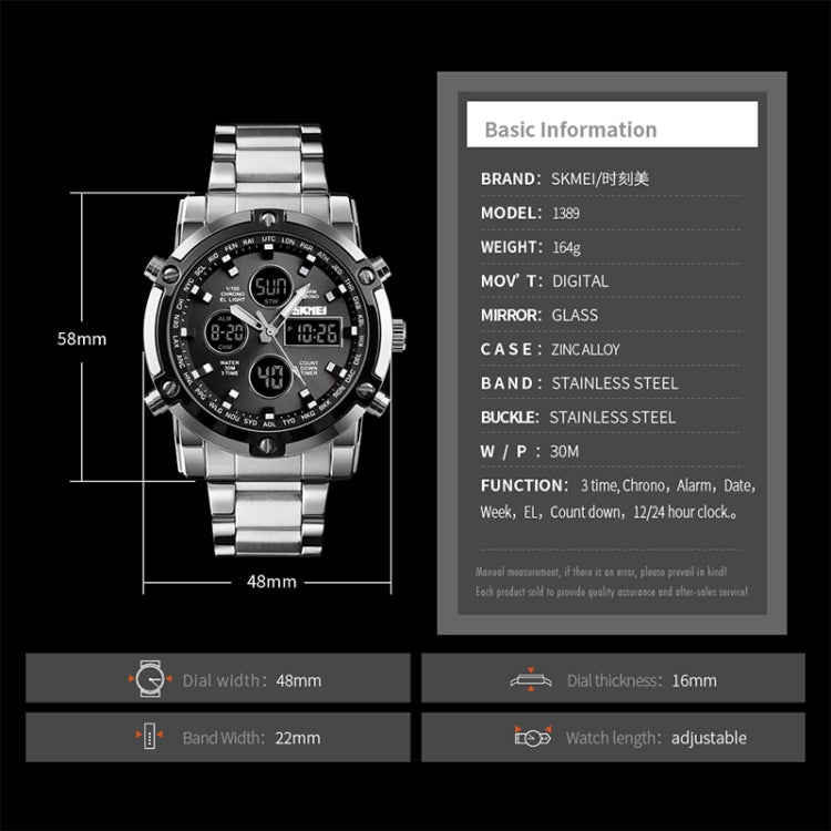 SKMEI 1389 Relógio Digital Multifuncional Masculino para Negócios, Relógio de Pulso com Mostrador Grande, à Prova de Água 30m, com Bracelete em Aço Inoxidável, 1389 Prateado, 1389 Preto, 1389 Azul