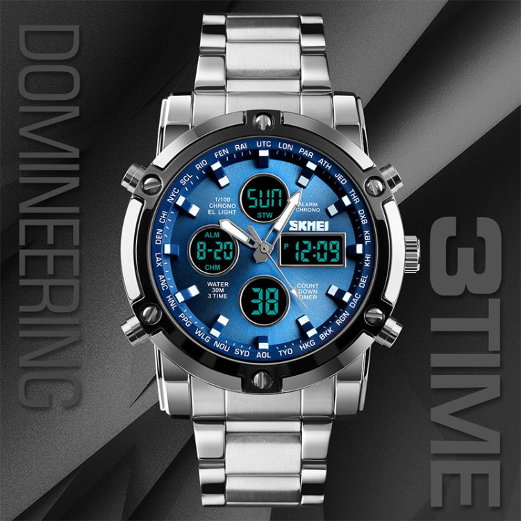 SKMEI 1389 Relógio Digital Multifuncional Masculino para Negócios, Relógio de Pulso com Mostrador Grande, à Prova de Água 30m, com Bracelete em Aço Inoxidável, 1389 Prateado, 1389 Preto, 1389 Azul