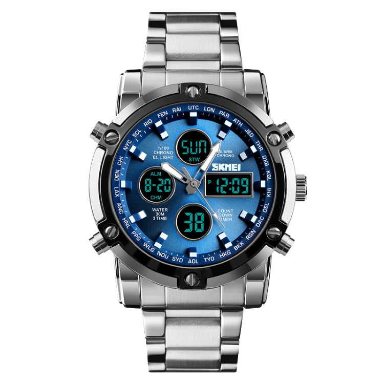 SKMEI 1389 Relógio Digital Multifuncional Masculino para Negócios, Relógio de Pulso com Mostrador Grande, à Prova de Água 30m, com Bracelete em Aço Inoxidável, 1389 Prateado, 1389 Preto, 1389 Azul