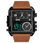SKMEI 1391 Relógio Digital Multifuncional Masculino para Negócios, Relógio de Pulso com Mostrador Quadrado, à Prova de Água 30m, com Bracelete em Pele