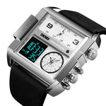 SKMEI 1391 Relógio Digital Multifuncional Masculino para Negócios, Relógio de Pulso com Mostrador Quadrado, à Prova de Água 30m, com Bracelete em Pele