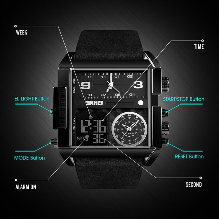 SKMEI 1391 Relógio Digital Multifuncional Masculino para Negócios, Relógio de Pulso com Mostrador Quadrado, à Prova de Água 30m, com Bracelete em Pele