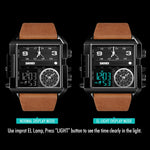 SKMEI 1391 Relógio Digital Multifuncional Masculino para Negócios, Relógio de Pulso com Mostrador Quadrado, à Prova de Água 30m, com Bracelete em Pele