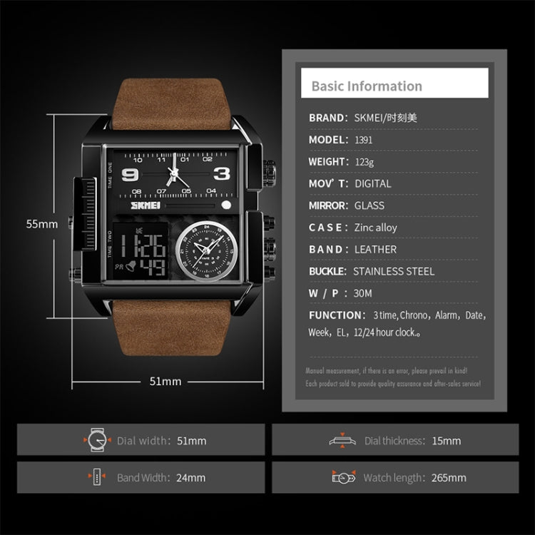 SKMEI 1391 Relógio Digital Multifuncional Masculino para Negócios, Relógio de Pulso com Mostrador Quadrado, à Prova de Água 30m, com Bracelete em Pele