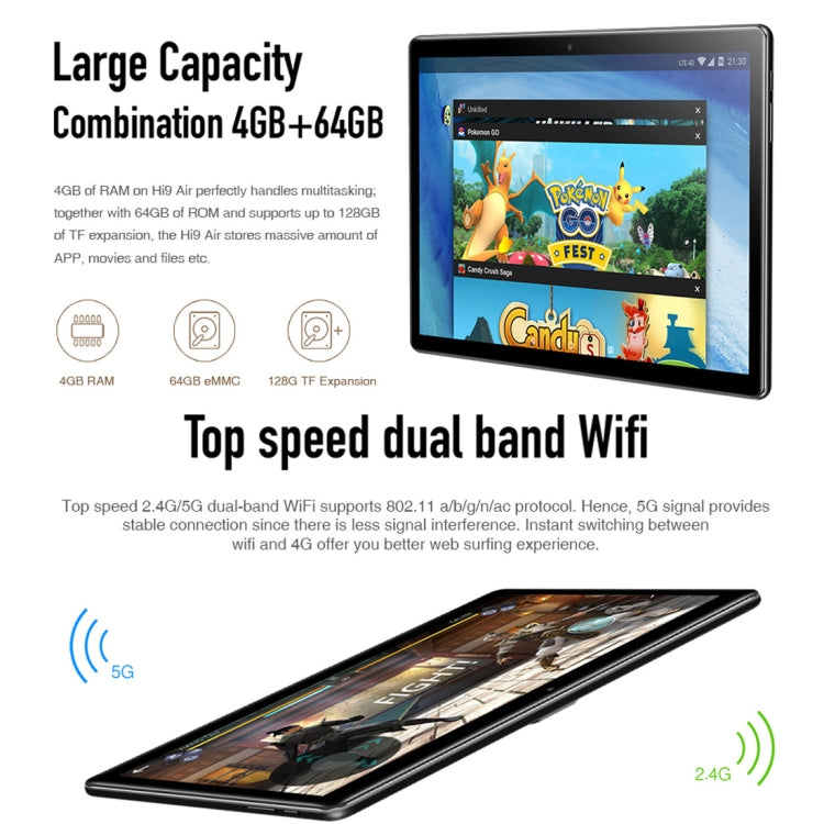 Android 8.0, MTK (Helio X27) Deca Core até 2,1GHz, Suporte OTG, FM, Bluetooth, WiFi Dual Band, Rede: 4G, Hi9 Air 4GB+64GB