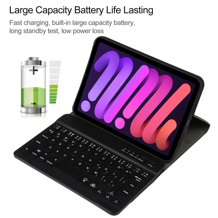 A06S Teclado Bluetooth TPU Ultra-fino com Retroiluminação e Textura de Pele de Cordeiro Destacável Capa de Couro para Tablet com Suporte para iPad mini 6 / mini 7, A06S