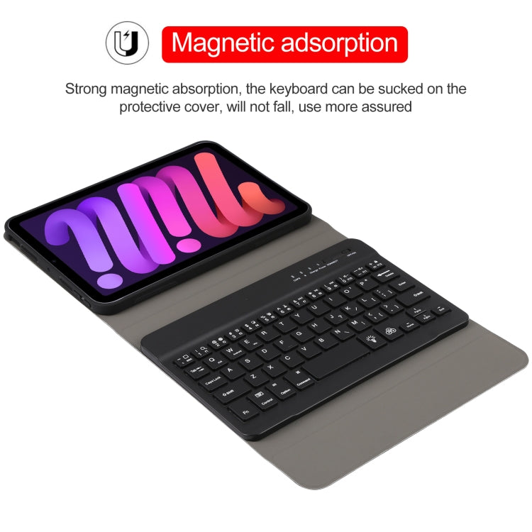 A06S Teclado Bluetooth TPU Ultra-fino com Retroiluminação e Textura de Pele de Cordeiro Destacável Capa de Couro para Tablet com Suporte para iPad mini 6 / mini 7, A06S