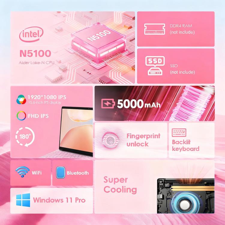 Portátil GXMO T152J 15.6 polegadas, Sem Memória, Windows 11 Pro Intel Celeron N5100 Quad Core, Suporte Desbloqueio por Impressão Digital, Ficha US, Sem Memória, Ficha US