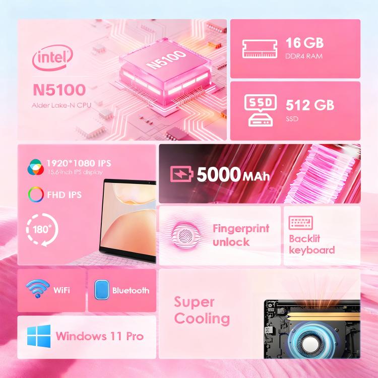 Portátil GXMO T152J 15.6 polegadas, 16GB+512GB, Windows 11 Pro Intel Celeron N5100 Quad Core, Suporte Desbloqueio por Impressão Digital, Ficha UK, 16GB+512GB, Ficha UK