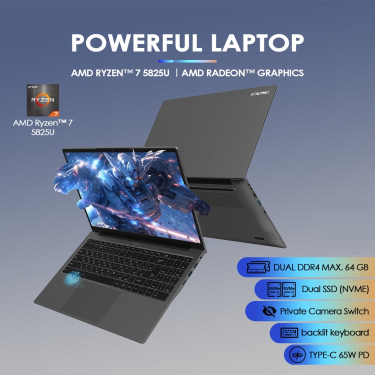 Portátil GXMO G156 15.6 polegadas, 16GB+512GB, Windows 11 AMD Ryzen 7 5825U Octa Core, Suporte Desbloqueio por Impressão Digital, Ficha US, 32GB+1TB